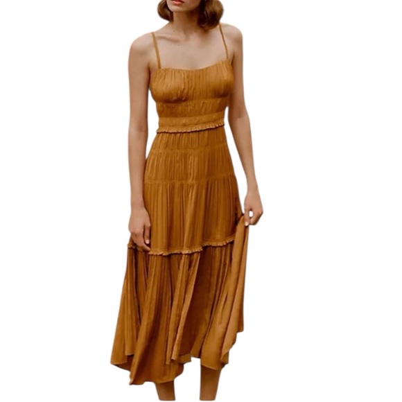 Anthropologie Dresses & Skirts - Anthropologie Gold Tiered Ruched Midi Dress Size 8